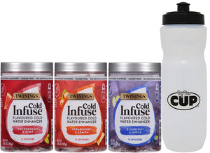 Twinings Cold Infuse Flavoured Cold Water Enhancer Variety, Watermelon & Mint, Blueberry & Apple, and Strawberry & Lemon with By The Cup Sports Bottle