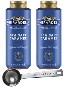 Ghirardelli Sea Salt Caramel Premium Sauce 16 oz Squeeze Bottle (Pack of 2) with Ghirardelli Stamped Barista Spoon