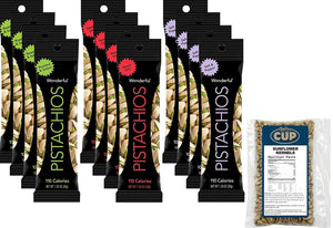 Wonderful Pistachios 1.25 Ounce 110 Calorie Pack Assortment - 4 Roasted and Salted, 4 Sweet Chili, 4 Salt and Pepper - with 1 Bag By The Cup Sunflower Kernels
