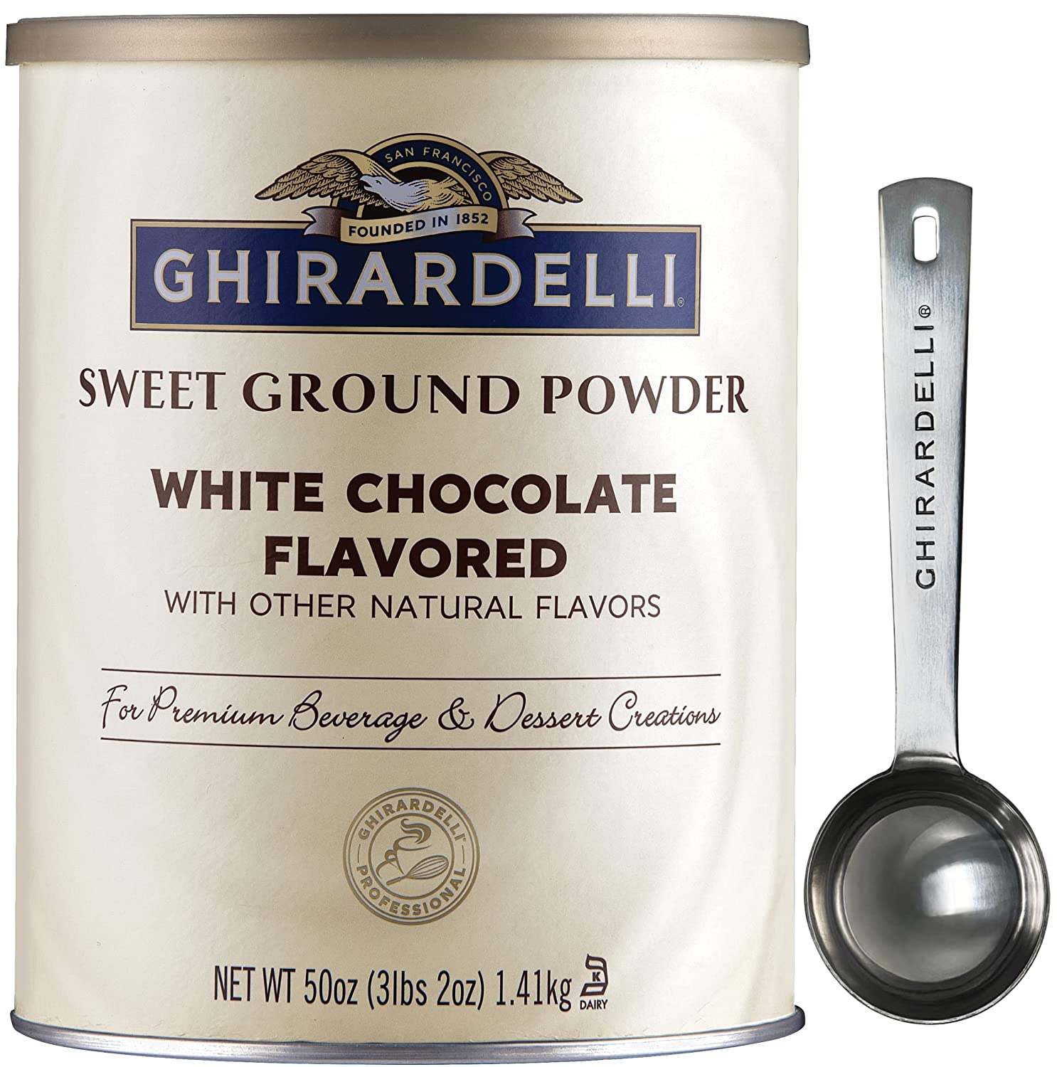 Ghirardelli - Sweet Ground White Chocolate Gourmet Flavored Powder 3.12 lb with Ghirardelli Stamped Barista Spoon