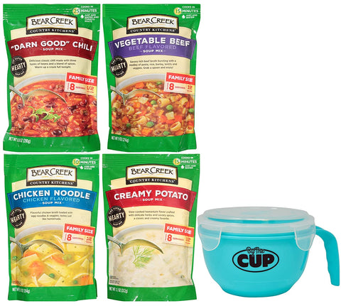 Bear Creek Country Kitchens Soup Mix 4 Flavor Variety, Chicken Noodle, Creamy Potato, "Darn Good" Chili, Vegetable Beef (Pack of 4) with By The Cup Soup Bowl