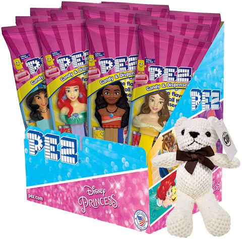 Pez Disney Princess Candy Dispenser Ariel, Belle, Cinderella, Jasmine, Moana, and Aurora (Pack of 12) with By The Cup Teddy Bear