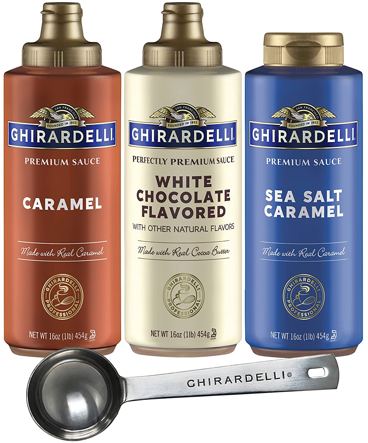 Ghirardelli - Sea Salt Caramel, White Chocolate and Caramel Flavored Sauce (Set of 3) - with Limited Edition Measuring Spoon