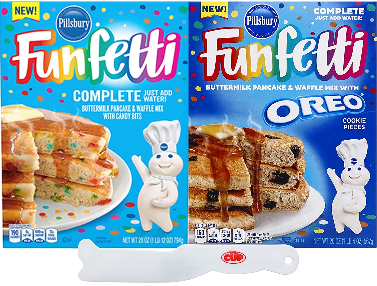 Funfetti Pancake Variety, 1 of each Buttermilk 28 oz and Oreo 20 oz (Pack of 2) with By The Cup Spreader