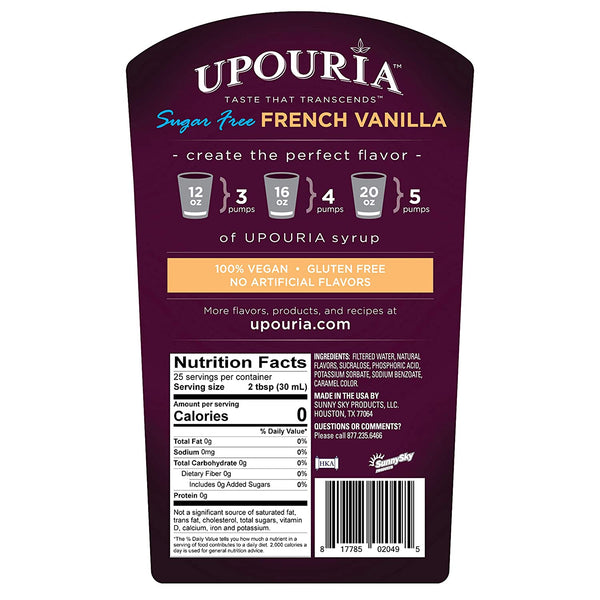 Upouria Sugar Free French Vanilla Coffee Syrup Flavoring, 100% Vegan, Gluten-Free, 750 mL Bottle (Pack of 2) with 1 Coffee Syrup Pump