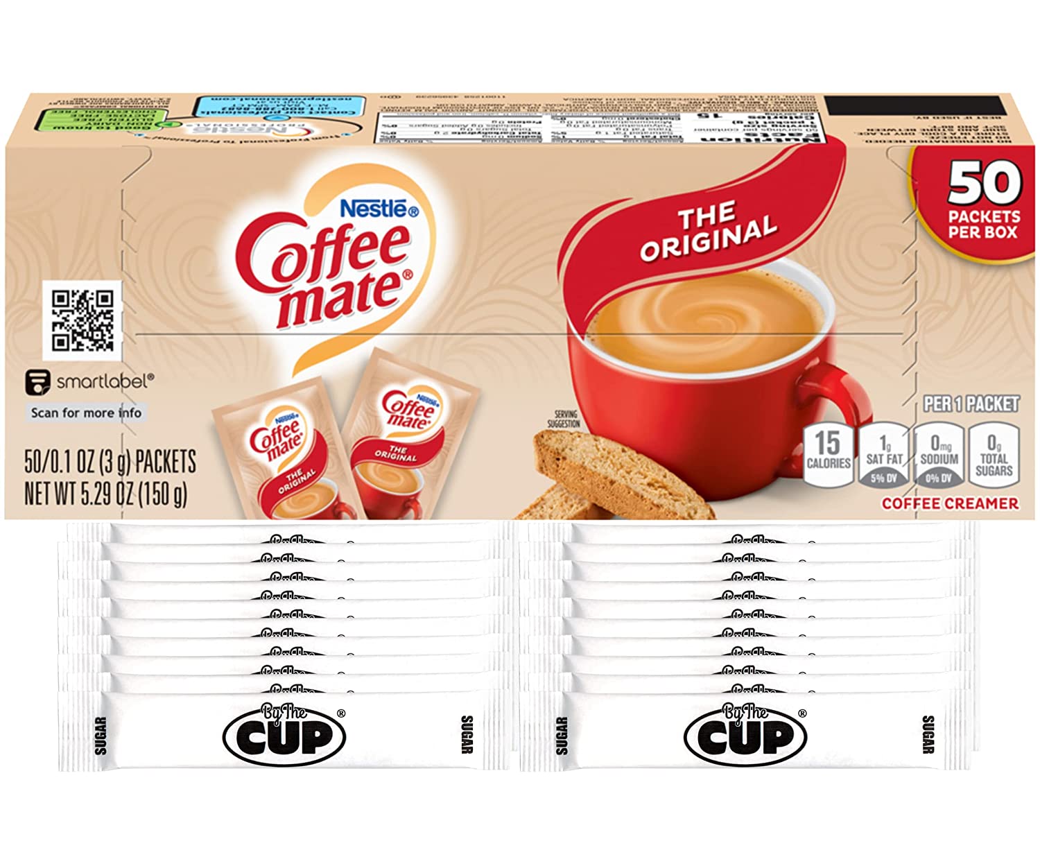 Coffee Mate - Original 3 Gram Single Serve Powdered Creamer Packets 50 Count Box (Pack of 1) - with Exclusive By The Cup Sugar Packets