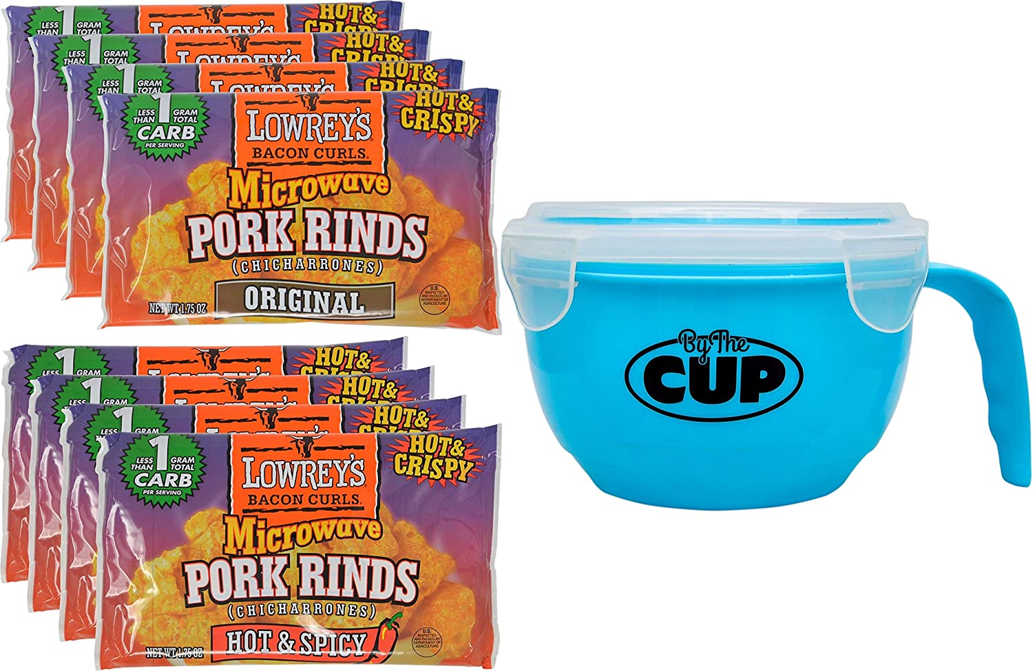 Lowrey's Bacon Curls Microwavable Pork Rinds Variety 8 Count, 4 of Each Original and Hot & Spicy with By The Cup Microwavable Bowl