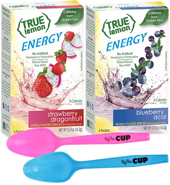 True Citrus Energy Hydration Kit, Includes True Lemon Blueberry Acai and Strawberry Dragonfruit Drink Mix Sweetened with Stevia and 2 By The Cup Mood Spoons