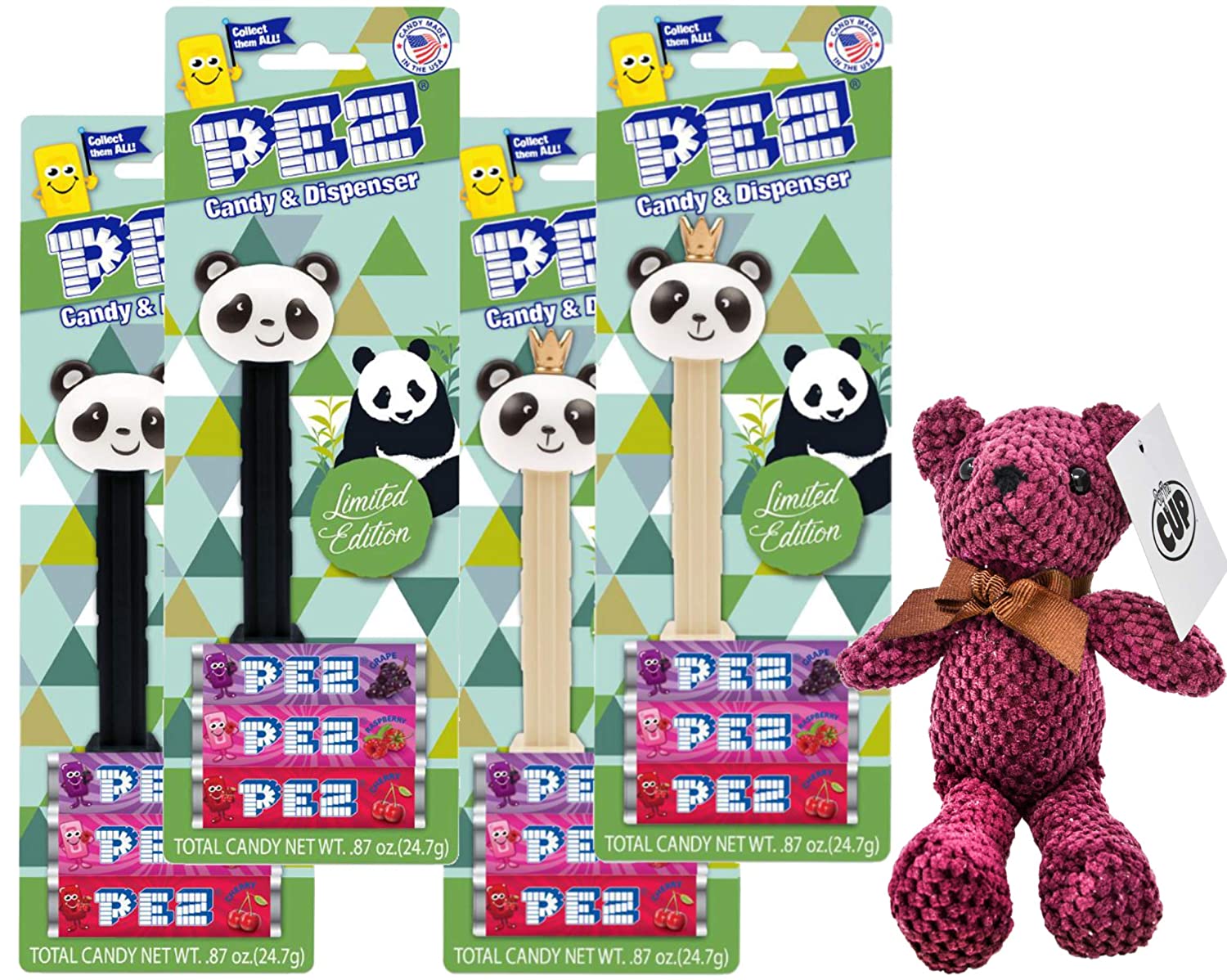 Pez Limited Edition Panda and Panda with Crown Bundle (Pack of 4) with By The Cup Teddy Bear