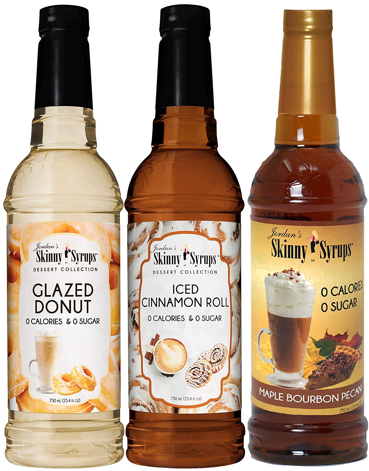 Jordan's Syrups Sugar Free Dessert Trio, Glazed Donut, Cinnamon Roll, and Maple Bourbon Pecan 750 ml (Pack of 3) with By The Cup Coasters