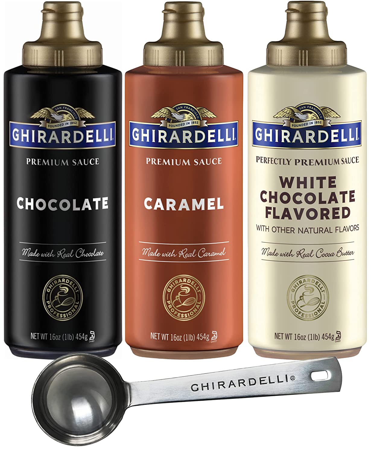 Ghirardelli - 16 oz Chocolate, 17 oz White Chocolate Flavored, 17 oz Caramel Sauce Squeeze Bottle - Set of 3 - with Exclusive 1.5 tbsp Measuring Spoon