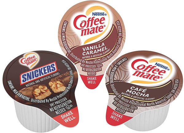 Nestle Coffee mate Liquid Coffee Creamer Singles Variety Pack, Snickers, Vanilla Caramel, Cafe Mocha, 50 Ct Box (Pack of 3) with By The Cup Coffee Scoop