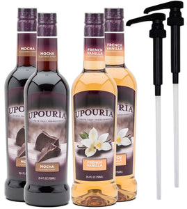 Upouria French Vanilla & Mocha Coffee Syrup Flavoring, 2 of each Flavor, 100% Vegan, Gluten-Free, Kosher, 750 mL Bottles (Pack of 4) with 2 Coffee Syrup Pumps