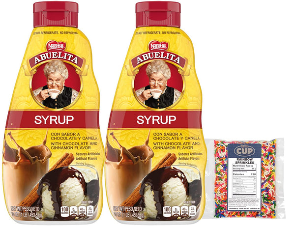 Nestle Abuelita Syrup Chocolate and Cinnamon, 16 oz Squeeze Bottle (Pack of 2) with By The Cup Rainbow Sprinkles