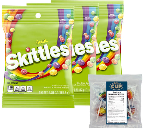 Sour Skittles Candy, 5.7 Ounce (Pack of 3) with By The Cup Clown Pops