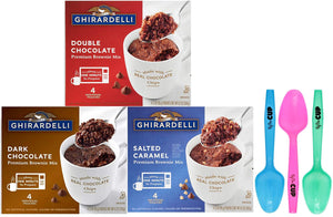 Ghirardelli Premium Microwave Brownie Mug Mix Bundle, Dark Chocolate, Double Chocolate, and Salted Caramel, 1 Box of each, 4 Servings Per Box with Set of 3 By The Cup Colorful Spoons