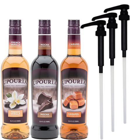 Upouria Coffee Syrup Variety Pack - French Vanilla, Mocha, and Caramel Flavoring, 100% Vegan, Gluten Free, Kosher, 750 mL Bottle - 3 Coffee Syrup Pumps Included