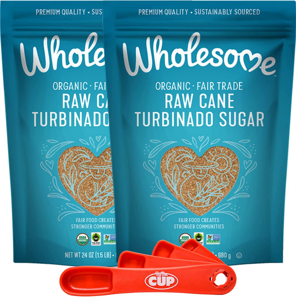 Wholesome Organic Turbinado Raw Cane Sugar 1.5 Pound (Pack of 2) with By The Cup Measuring Spoons