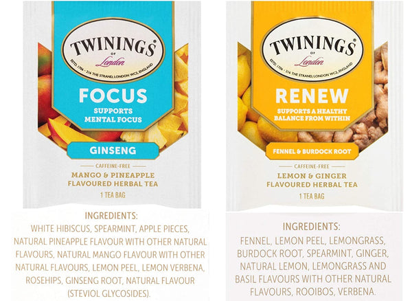 Twinings Wellness Hot Tea Variety Pack 36 Count, 9 Flavors with By The Cup Honey Sticks