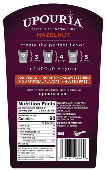 Upouria Hazelnut Flavored Syrup, 100% Vegan and Gluten-Free, 750ml bottle - Pump included