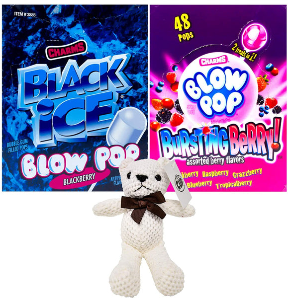 Charms Blow Pops Bundle, Black Ice and Bursting Berry 48 Count Box (Pack of 2) with By The Cup Teddy Bear