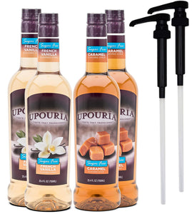 Upouria Coffee Syrup Variety Pack, 2 of each - Sugar Free French Vanilla and Sugar Free Caramel, 100% Vegan, Gluten-Free, 750ml Bottles (Pack of 4) with 2 Syrup Pumps