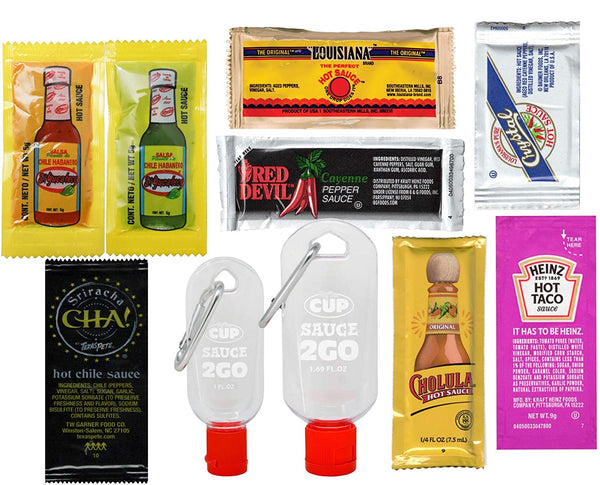 By The Cup Hot Sauce Packet Variety, Louisiana, Texas Pete, Cholula, El Yucateco, Crystal, Red Devil, Heinz, 8 Great Sauces, 80 Packets with 2 By The Cup Sauce 2 Go Keychains