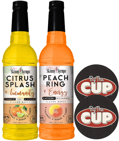 Jordan's Skinny Syrups Sugar Free Citrus Splash + Immunity and Peach Ring + Energy with By The Cup Coffee Coasters