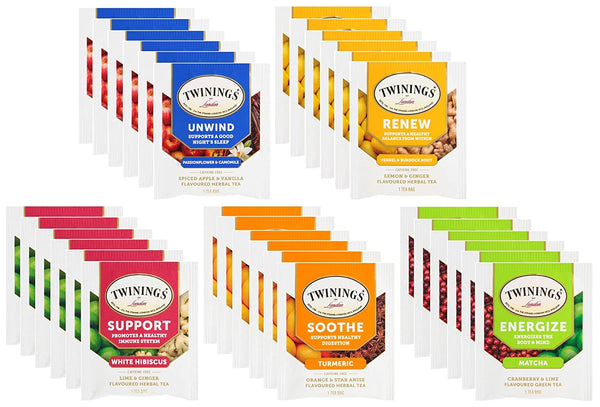 Twinings Wellness Hot Tea Variety Pack 30 Count, 5 Flavors with By The Cup Honey Sticks