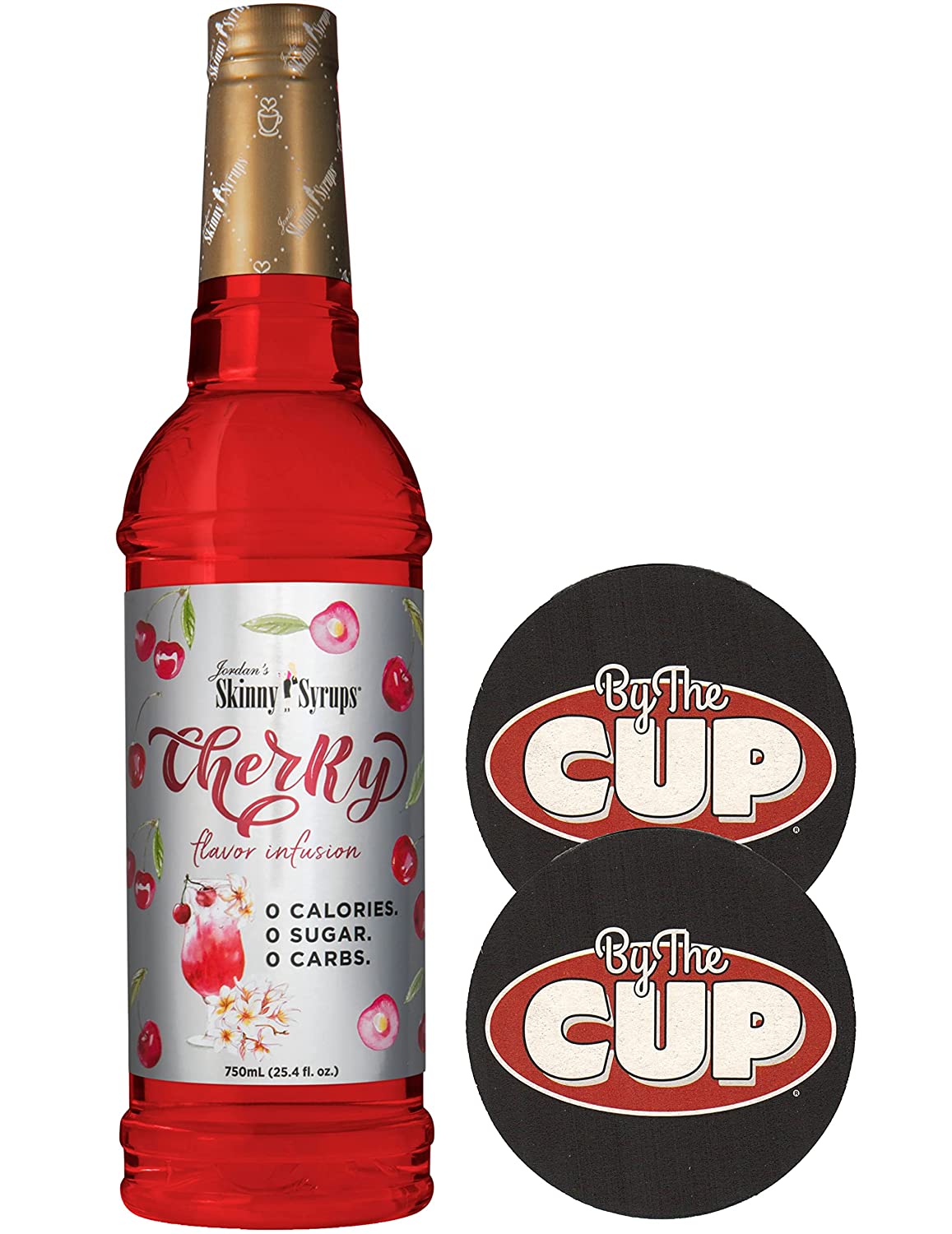 Jordan's Skinny Syrups Sugar Free Cherry Flavor Infusion 750 mL Bottle with By The Cup Coasters