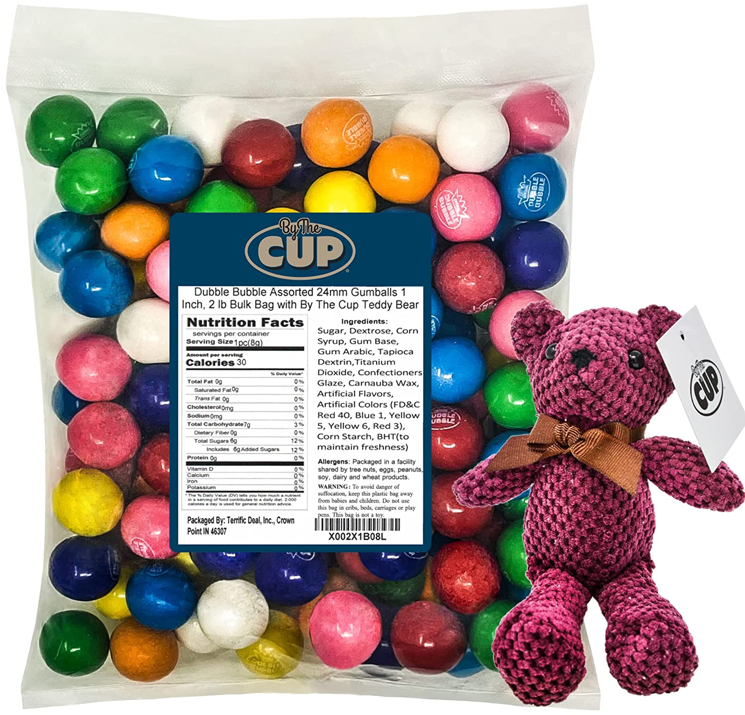 Dubble Bubble Assorted 24mm Gumballs 1 Inch, 2 lb Bulk Bag with By The Cup Teddy Bear