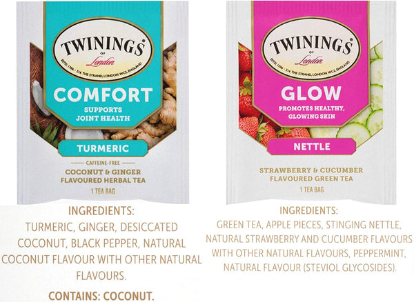 Twinings Wellness Hot Tea Variety Pack 36 Count, 9 Flavors with By The Cup Honey Sticks
