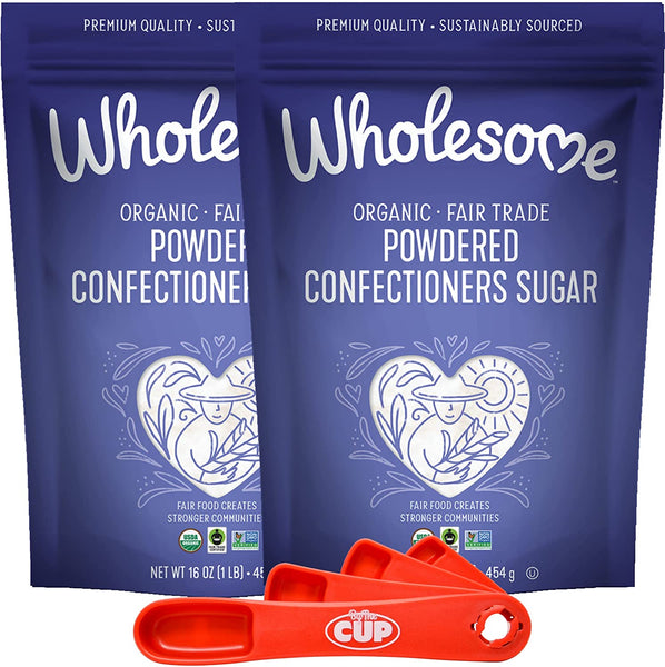 Wholesome Organic Powdered Confectioners Sugar 1 Pound (Pack of 2) with By The Cup Swivel Measuring Spoons