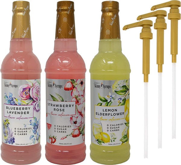 Jordan's Skinny Syrups Sugar Free Strawberry Rose, Lemon Elderflower and Blueberry Lavender Flavor Infusion 750 ml Bottles with 3 By The Cup Pumps