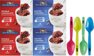 Ghirardelli Premium Microwave Brownie Mug Mix Bundle, Double Chocolate, and Salted Caramel, 2 boxes of each Flavor, 4 Servings Per Box with Set of 4 By The Cup Colorful Spoons
