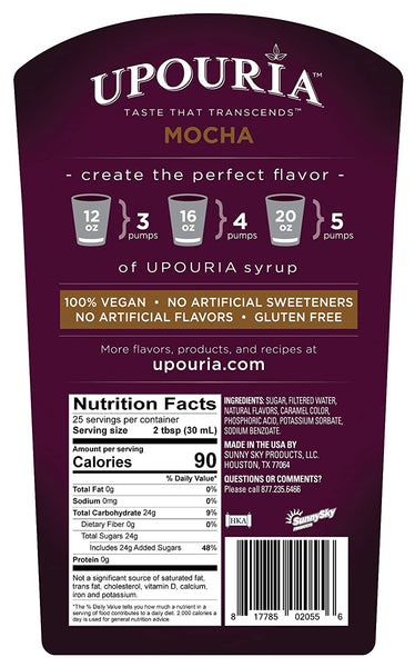 Upouria Coffee Syrup Variety Pack 2 of each - French Vanilla, Sugar Free French Vanilla, Mocha, Caramel, 100% Vegan, Gluten-Free, 750ml Bottles (Pack of 8) with 4 By The Cup Pumps