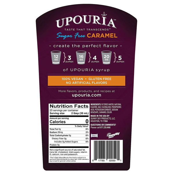 Upouria Sugar Free Caramel Coffee Syrup Flavoring, 100% Vegan, Gluten-Free, Kosher, Keto, 750 mL Bottle (Pack of 2) with 1 Syrup Pump