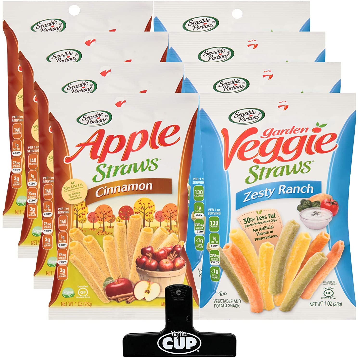 Sensible Portions Veggie Straws Bundle, 8 Count 1 Ounce Bags, 2 Different Flavors with By The Cup Chip Clip
