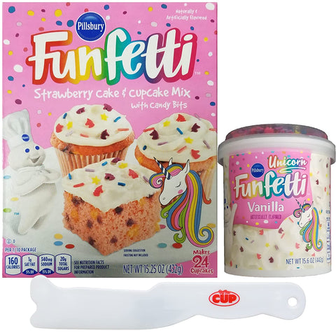 Funfetti Unicorn Strawberry Cake & Cupcake Mix and Unicorn Vanilla Frosting with By The Cup Frosting Spreader
