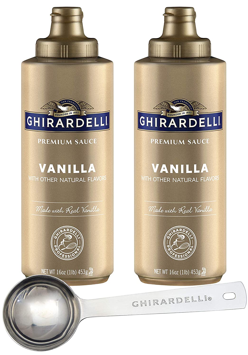 Ghirardelli - Vanilla Sauce, 16 Ounce Squeeze Bottle (Pack 2) - with Limited Edition Measuring Spoon
