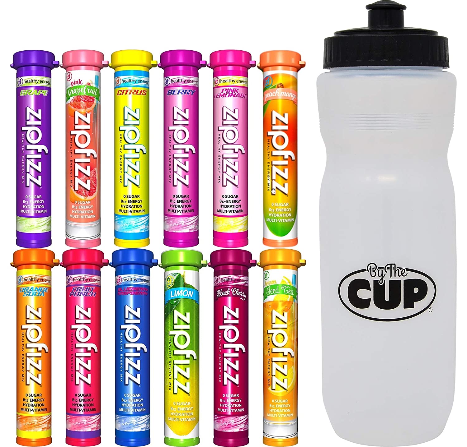 Zipfizz Energy Drink Mix Variety, 12 Caffeinated Flavors with By The Cup Sports Bottle