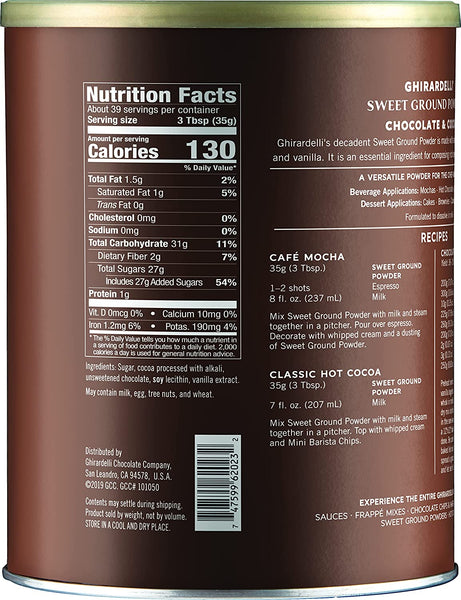 Ghirardelli Sweet Ground Premium Powder 3 Flavor Variety, 1-3 Pound Can Each, White Chocolate, Chocolate, and Dark Chocolate with Ghirardelli Stamped Barista Spoon