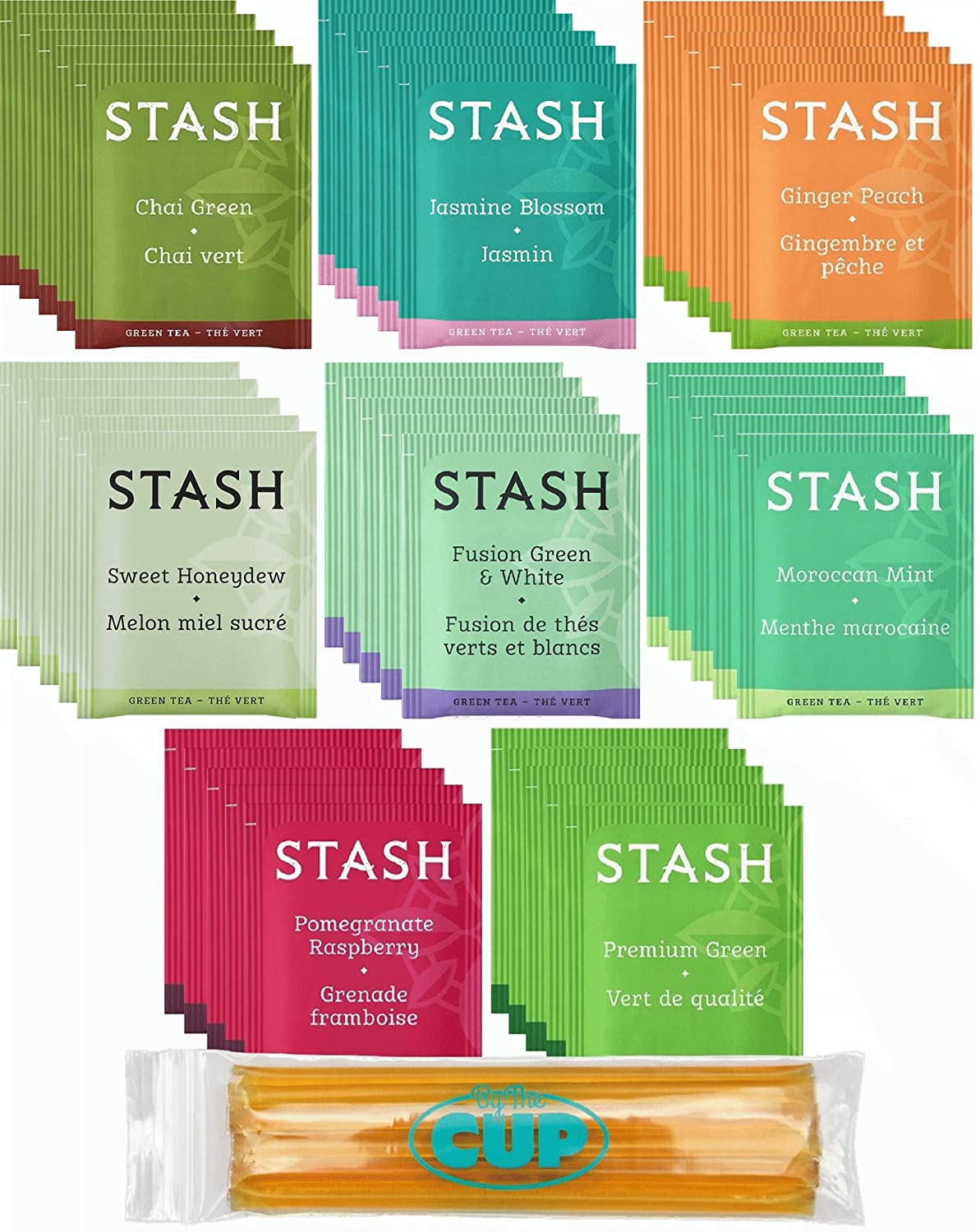 Stash Green & White Blend Tea Sampler - 40 Tea Bag, 8 Flavor Assortment - With By The Cup Honey Stix