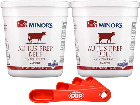 MINOR'S Beef Au Jus Concentrate No Added MSG Ambient 1 lb (Pack of 2) with By The Cup Swivel Spoons