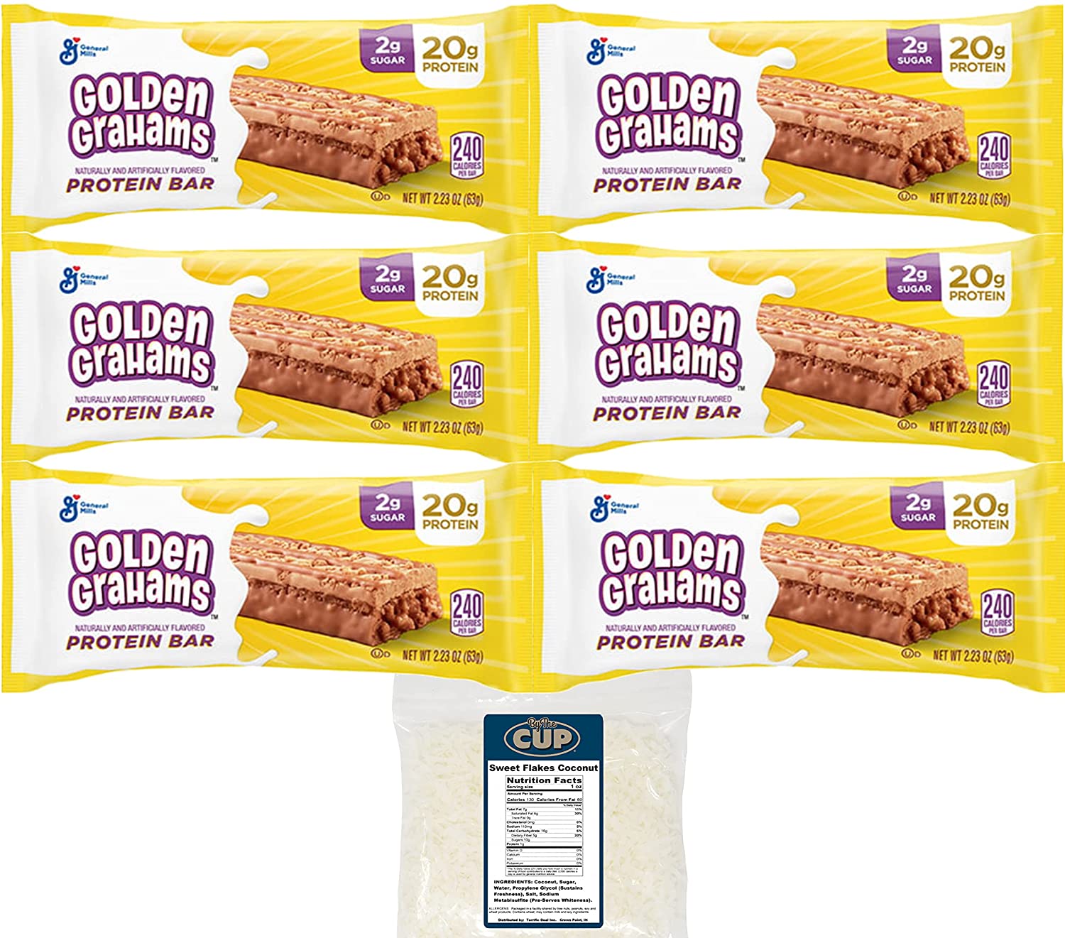 General Mills Golden Grahams Protein Bar (Pack of 6) with By The Cup Sweet Coconut Flakes