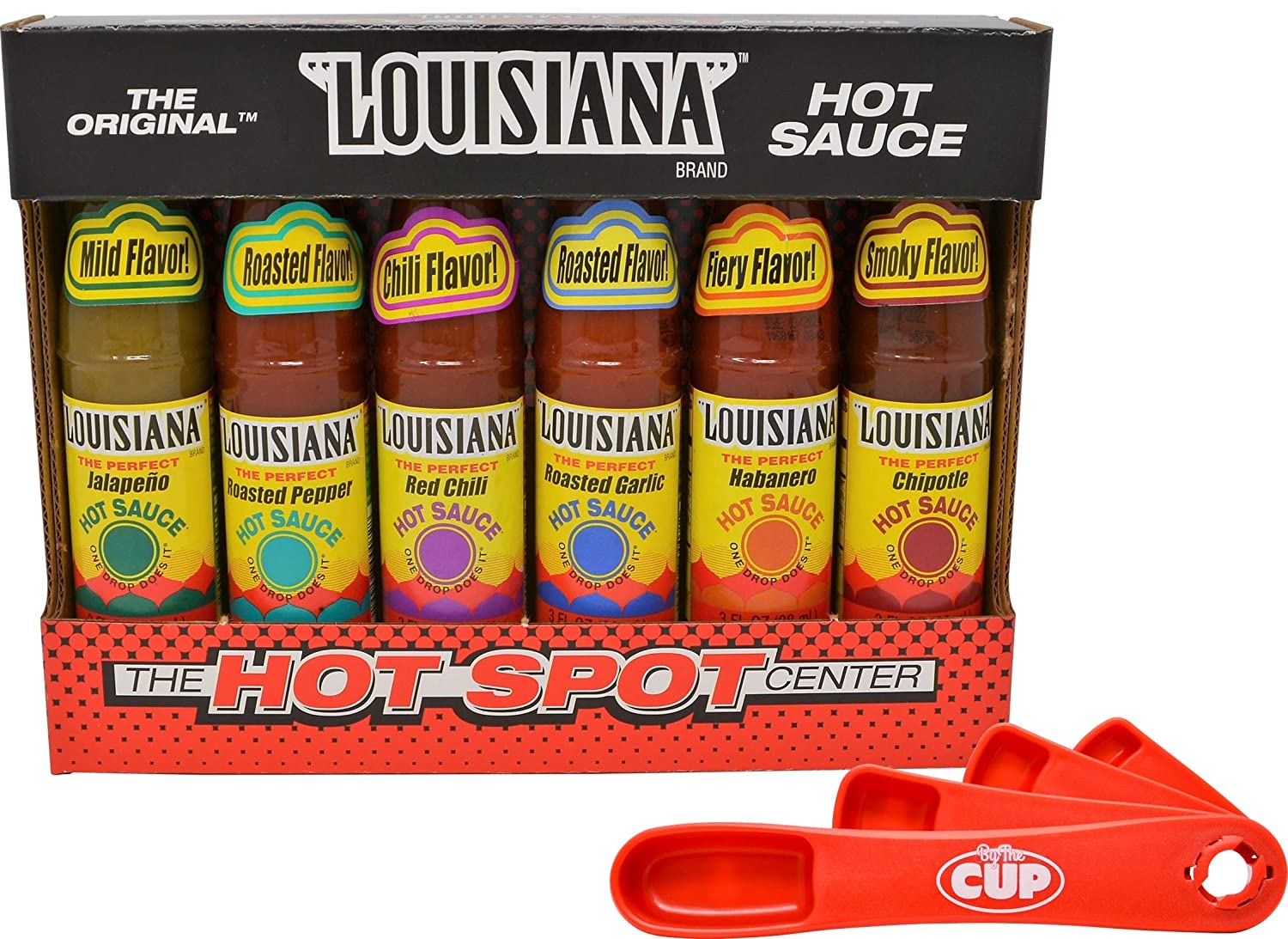 Louisiana Hot Sauce Gift Box 6 Flavor Variety 1 - 3 Ounce Bottle of each with By The Cup Swivel Spoons