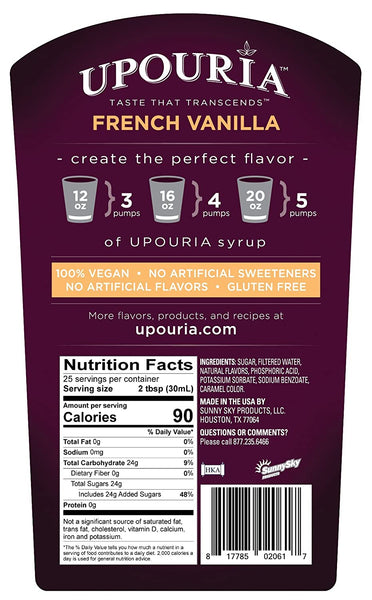 Upouria Coffee Syrup Variety Pack 2 of each - French Vanilla, Sugar Free French Vanilla, Mocha, Caramel, 100% Vegan, Gluten-Free, 750ml Bottles (Pack of 8) with 4 By The Cup Pumps