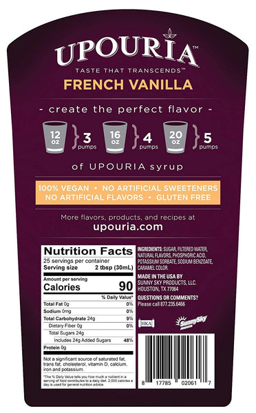 Upouria French Vanilla Coffee Syrup Flavoring, 100% Vegan, Gluten Free, Kosher, 750 mL Bottle - Pump Sold Separately