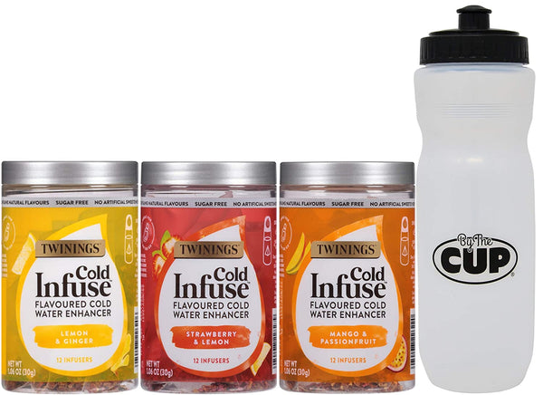 Twinings Cold Infuse Flavoured Cold Water Enhancer Variety, Lemon & Ginger, Strawberry & Lemon, and Mango & Passionfruit with By The Cup Sports Bottle