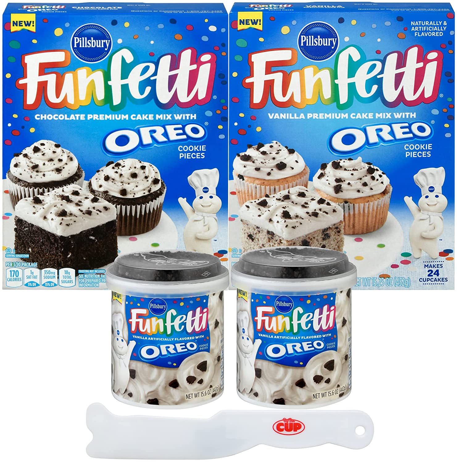 Funfetti Oreo Variety, 1 - Chocolate Cake Mix, 1 - Vanilla Cake Mix, 2 - Vanilla Frosting with By The Cup Frosting Spreader